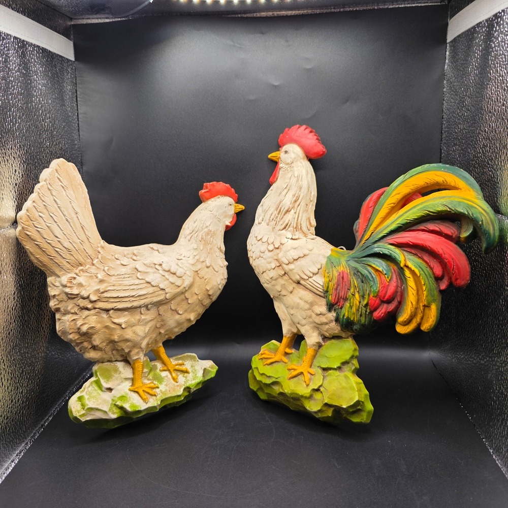 Vintage 1970s Homco Rooster and Hen Wall Decor Set Faux Wood Syroco Farmhouse